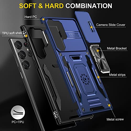 Samsung Galaxy S23 Ultra Case - Shockproof Cases For S23 5G - Anti-Fall Drop Protection - Built-In Slide Anti-Scratch Camera Lens Cover - Integrated 360 Degree Rotating Ring Kickstand,6.8 Inch,Blue #TOP6
