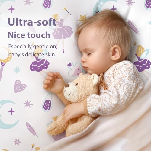 Image of Baby Mini Crib Sheets Girl, Portable 38 inchx26 inch Pack and Play Sheets Fitted for Playard and Pack N Play Mattress, 3-Pack Soft Microfiber Purple Magic Fairy