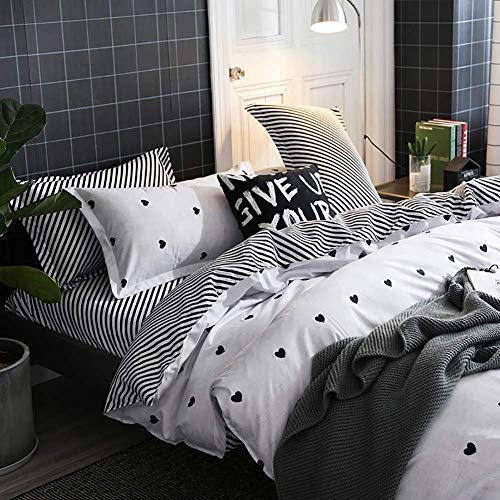 Image of Omelas Kids Heart Love Twin Duvet Cover Set Black and White Teens Girls Lovely Heart-Shaped Pattern Striped Reversible Bedding Soft Breathable Quality Brushed Microfiber (3 Pcs,XD,T)