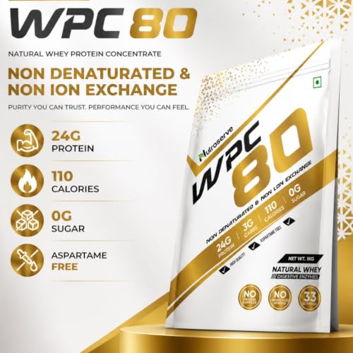 Image of WPC 80 Whey Protein Concentrate Powder | 24g Protein, 3g Carbs, 0g Sugar | Natural Whey with Digestive Enzymes | Aspartame Free (1 KG, Unflavoured)