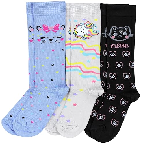 TupTam Kniestrümpfe Mädchen – Kniestrümpfe Kinder Baumwolle 3er Pack – Bunte Kniesocken für Schule & Alltag, Farbe: 3er Pack Einhorn Grau/Katze Blau/Katze Schwarz, Socken Größe: 27-30