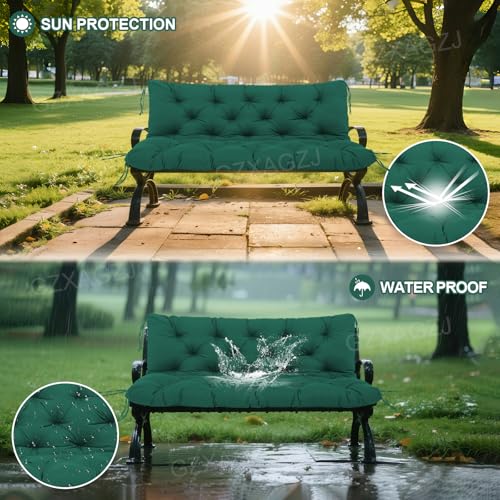 Image of Outdoor Swing Cushions 60 inch Waterproof Porch Swing Cushions 2-3 Seater Replacement with Backrest and Ties Swing Bench Cushions for Outdoor Furniture Patio Porch Backyard Garden(Dark Green)