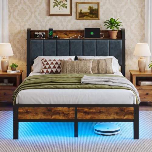 Image of Full Size Bed Frame with Smart LED Lights and Charging Station | Storage Headboard, Heavy Duty Metal Platform Bed, Noise Free, No Box Spring Needed, Easy Assembly