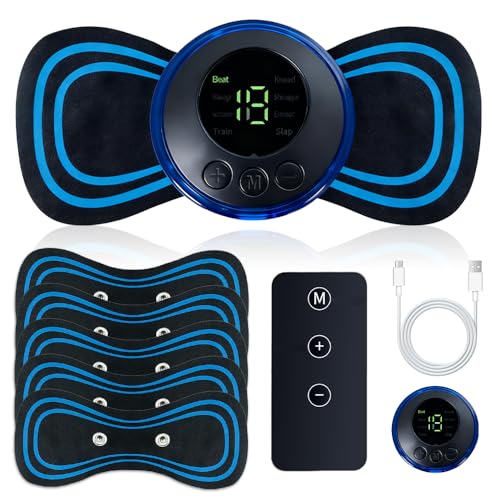 SGZIOO Masajeador de Cuello Eléctrico, EMS Masajeador Cervical, Mini masajeador con 8 Modos, 19 Intensidades, Control Remoto, 5 Almohadillas de Masaje, para Hombros, Espalda y Abdomen