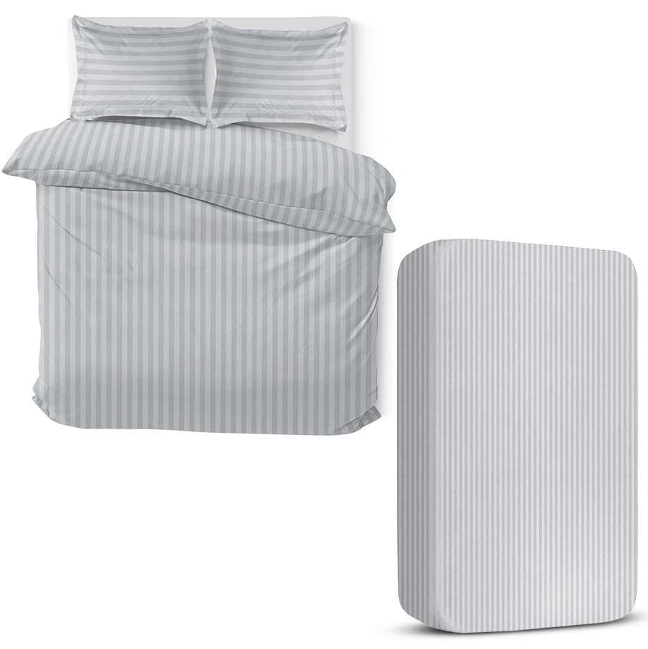 MOONLIGHT20015 4 Piece Double Bedding Set Satin Stripes Duvet Cover Fitted Sheet with Pillow cases Hotel Quality Soft Brushed Microfiber Silver โ image 1