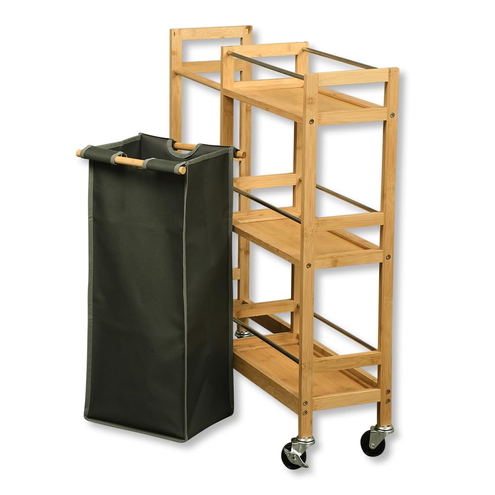 Kesper | Rollbares Nischenregal mit Flaschensammler, Material: Bambus, Polyester, Maße: B 20 cm, H 78 cm, T 68 cm, Farbe: Natur, Grau | 24857 13