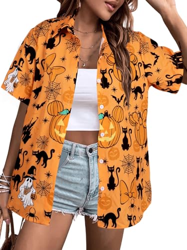 Womens Halloween Hawaiian Shirt Cute Pumpkin Spooky Castle Graphic Tee Magical Halloween Short Sleeve Button Up Tops