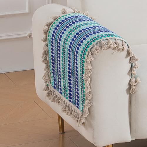 Image of HOKIPO 'Artisan Boho Series' 450 GSM Sofa Arm Cover | Cotton Acrylic Jacquard Fabric Armrest Cover with Tassel, 50x70 cm, 1 Pair, Royal Blue (IN-899-A2*2SC)