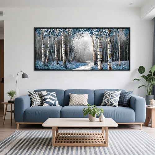 Image of HKDGOKA Large Landscape Wall Art, Gray Blue Birch Tree Abstract Canvas Painting Picture Modern Misty Forest Artwork Framed for Living Room Bedroom Office Kitchen Home Wall Decor 71 inchx32 inch