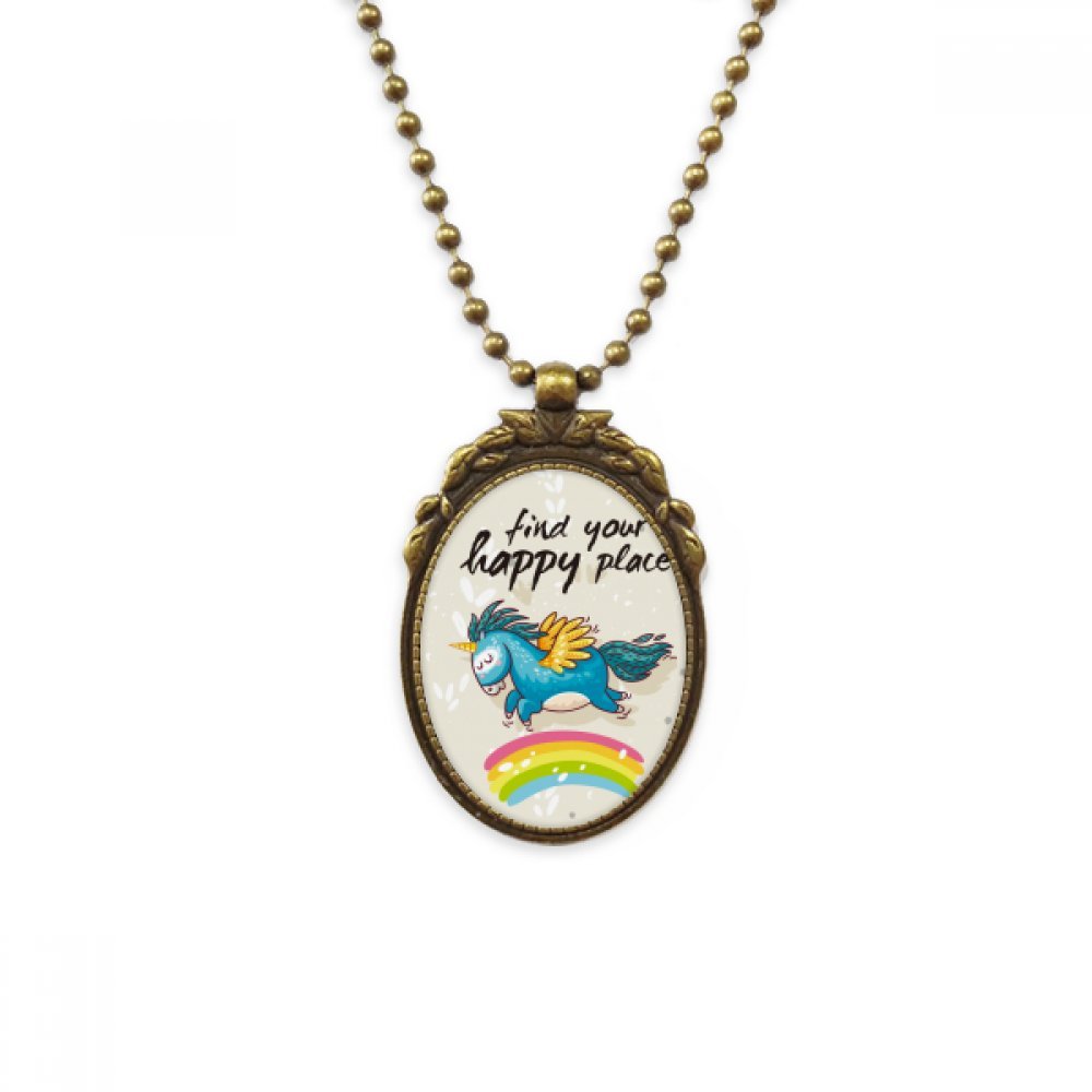 DIYthinker Find Your Happy Place Unicorns Pattern Antique Brass Necklace Vintage Pendant Jewelry Deluxe Gift