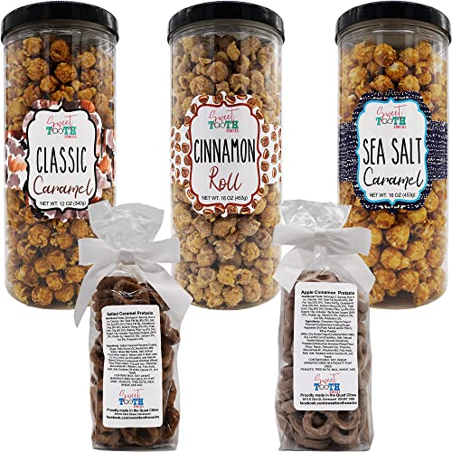 Sweet Tooth Snacks Caramel Craze Gift Box - Snack Pack - 5 Items - Flavored Popcorn(Caramel, Cinnamon Roll, Sea Salt Caramel), And Pretzels(Apple Cinnamon And Salted Caramel) #TOP28