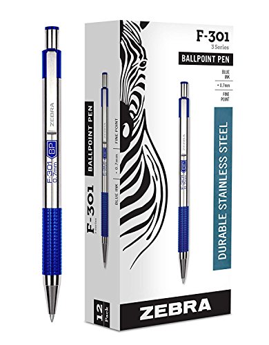 Zebra F-301 Ballpoint Stainless Steel Retractable Pen, Fine Point, 0.7mm, Blue Ink, 12-Count