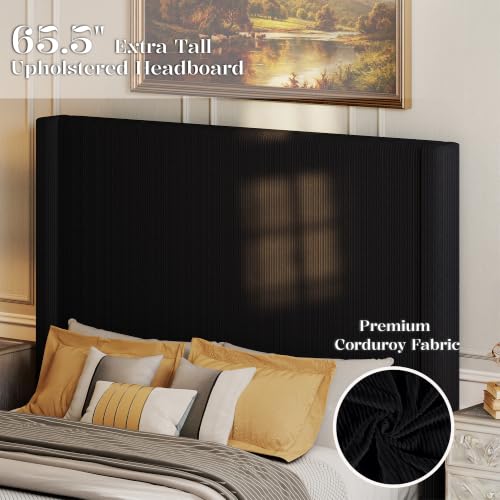 Ihanherry King Size 65" Tall Headboard Bed Frame with Charging Station, Upholstered Wingback Headboard with Washable Corduroy Cover, Noise Free, Solid Wood Slats & Legs, No Box Spring Needed, Black - image 4