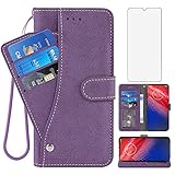 Compatible with Moto Z4/Moto Z 4 Play/MotoZ4 Force Wallet Phone Case and Tempered Glass Screen Protector Flip Cover Card Holder Cell for Motorola 4Z Motoz4cases MotoZ4Play XT1980-4 2019 Women Purple
