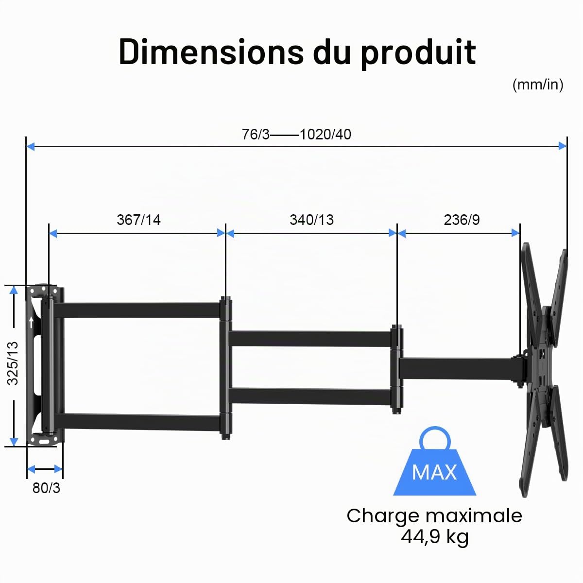 suptek Support Mural TV avec Bras d'extension de 1020 mm pour Téléviseurs 26-65 Pouces jusqu'à 40 kg, Support TV Mural d'angle, VESA Max 400x400 mm, Pivotant et Inclinable A1L