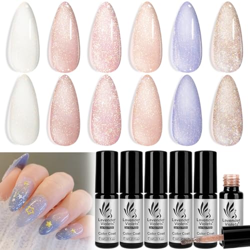 Lavender Violets 6PCS Jelly Gel Nail Polish Set Milky White, Pink, Light Blue, Purple Glitter & Shimmer Colors Long Lasting U V LED Gel Polish for Manicure C205