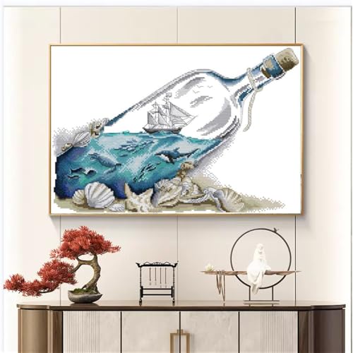 Image of JOYSEWING Message in a Bottle Stamped Kits Cross Stitch for Adult 11CT Printed Cross Stitch Kits for Beginners, Easy Embroidery Needlepoint Kits DIY Craft kit - (Sea in a Bottle) 21.3x15 inch
