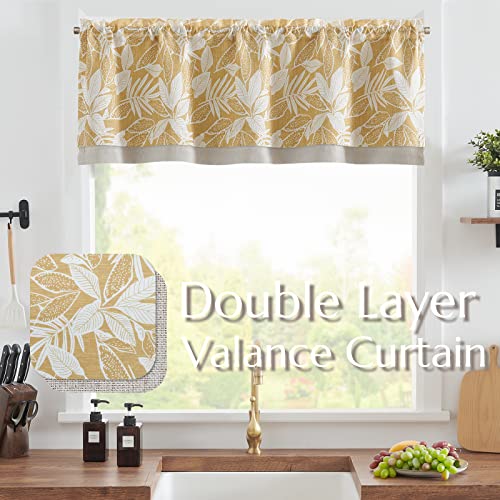Jinchan Linen Valance Curtain Farmhouse Window Decor Valance For Kitchen Living Room Botanic Leaf Print Valance Double Layer Blackout Valance 16 Inch Rustic Window Treatment 1 Panel Rod Pocket Yellow #TOP1