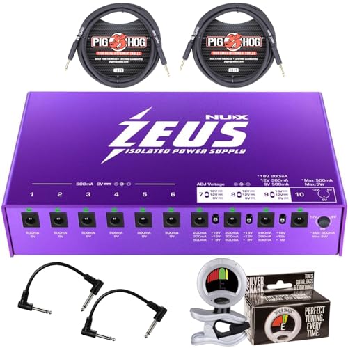Briskdrop NUX Zeus 10-Output Isolated Power Supply - Bundle with 2 Pig Hog Instrument Cables, 2 Patch Cables and Snark Tuner