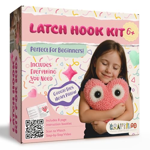 Image of Latch Hook Kit for Kids - Googly Eyes Heart Rug Pillow Craft, Ages 6+