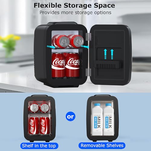 Mini Fridge, 4L/6 Can Small Refrigerator for Bedroom, Car, Office & Dorm,110V AC/ 12V DC Thermoelectric Cooler and Warmer for Cosmetics, Beverage and Food, Black