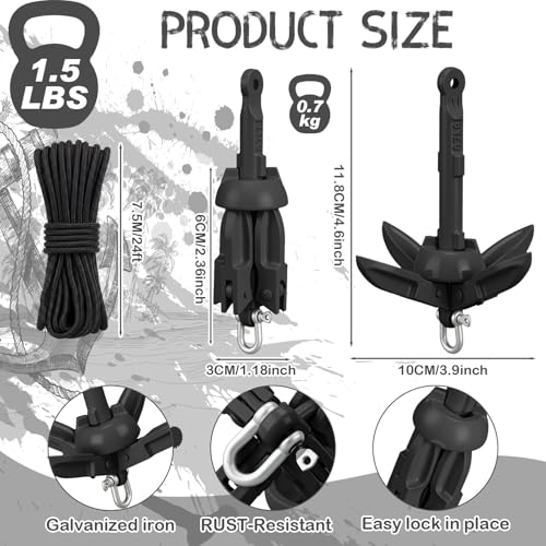 Image of MorningRo 1 Pack 1.5 /3.5 lb Marine Kayak Anchor Kit with 40ft Rope and Buoy Folding Grapnel Boat Anchor Kit Kayak Fishing Accessories for Small Boats, Canoe, SUP Paddle Boards