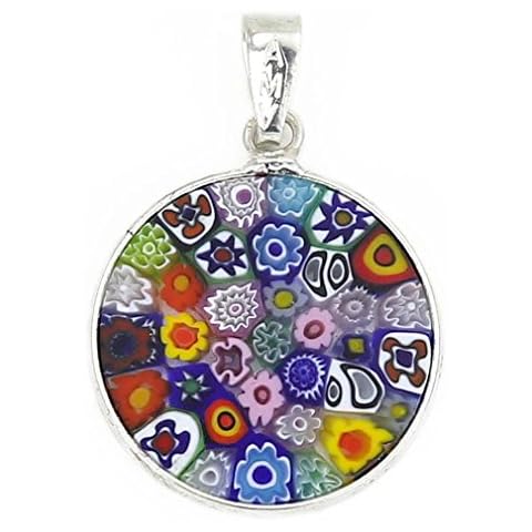 Glass Of Venice Small Murano Glass Millefiori Pendant Necklace Round Multicolor in Sterling Silver Frame for Women 3/4 Inch 18mm - Handmade in Italy Cover