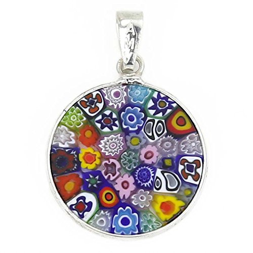 Glass Of Venice Small Murano Glass Millefiori Pendant Necklace Round Multicolor in Sterling Silver Frame for Women 3/4 Inch 18mm - Handmade in Italy