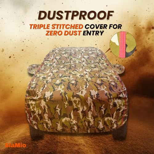 Image of Waterproof Car Body Cover for Range Rover Evoque with Mirror Pocket, Soft Cotton Lining, Triple Stitched, Full Bottom Elastic (Heat Resistant Jungle Print with Red Piping)