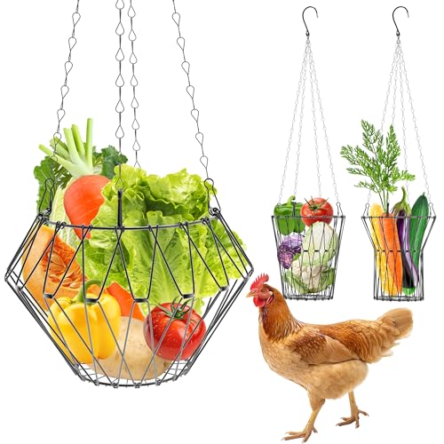 Hanging Chicken Feeder, Foldable Chicken Vegetable Fruits Feeder, Poultry Feeding Holder Basket with Hanging Chain, Veggie Treat Ball for Chicken Coop Accessories (1 Pack)