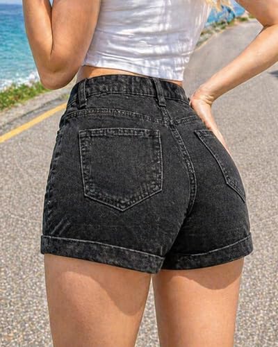 Image of Women's High Rise Black Denim Shorts Straight Leg Stretch Bodycon Casual Bottoms