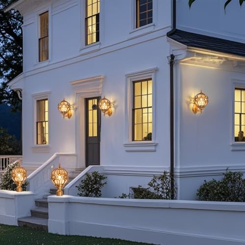 Dusk to Dawn Outdoor Wall Light Fixtures, Gold Exterior Aluminum Waterproof Porch Lights, Globe Anti-Rust Outside Sconce Lantern Wall Mount with Amber Glass for Patio Backyard Garage Doorway