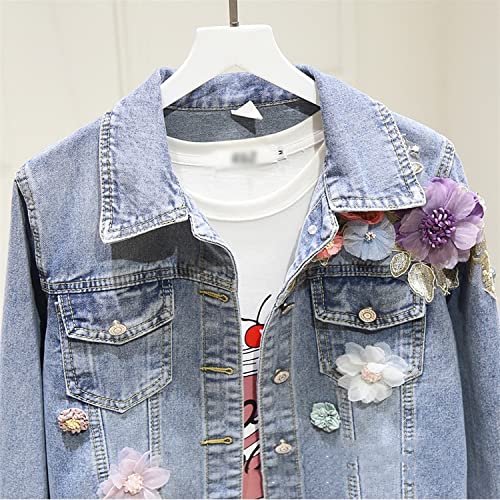 Wssbk Autumn Women Denim Jacket Embroidery Three Dimensional Flowers Pearl Bead Denim Coat Long Sleeve Slim Jean Jacket (Color : Blue, Size : S Code) #TOP4