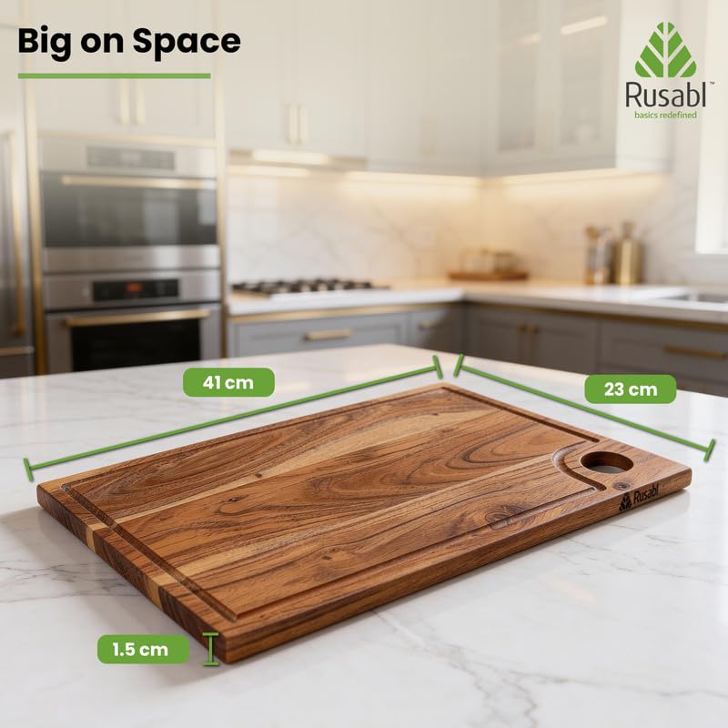 Image of Rusabl EcoWood Terra Acacia Wood Chopping Board, 40.6 x 22.9 x 1.5 cm, XXL | Handcrafted End Grain Rectangular Cutting Board for Fruits & Vegetables