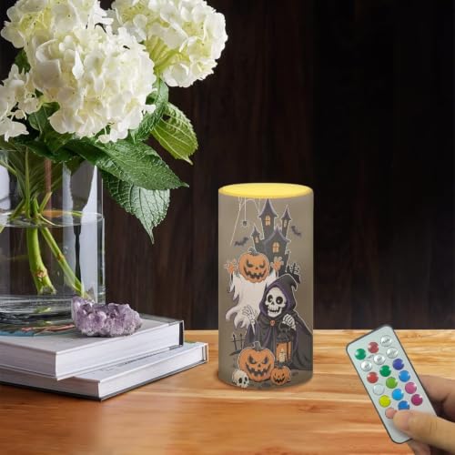 Image of Poceacles Flickering Flameless LED Battery Candles Pillar Candles Tealight with 18-Key Timer Remote for Halloween Indoor Outdoor Home Decor, Skull Pumpkin Ghost Bat Print Brown