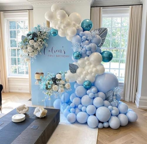 Image of Blue and White Balloon Arch Kit, ADOINBY 140Pcs Pastel Light Blue and White Balloon Garland kit, 18 12 10 5 Inch Different Size Balloons for Baby Shower Birthday Gender Reveal Anniversary Decorations