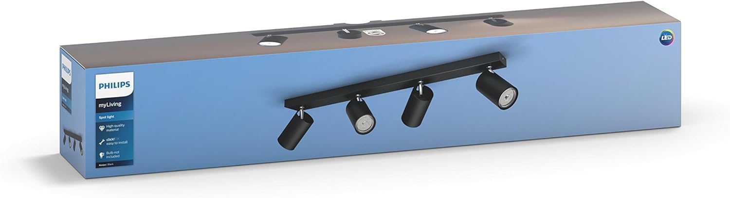 Philips myLiving Kosipo 4-er Deckenspots (4 x 5,5 W), elegante Deckenleuchte mit 4 flexiblen Spots, GU10 Leuchte ohne Leuchtmittel, schwarz