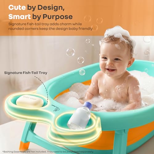 Image of R for Rabbit Bubble Double Finzy Baby Bath Tub Foldable for Kids 9 Months-3 Years | Womb Cocoon Bathtub Design | Anti-Skid Base | Quick Drain Plug | Space Saving Pool Bather with Tray (Green Orange)
