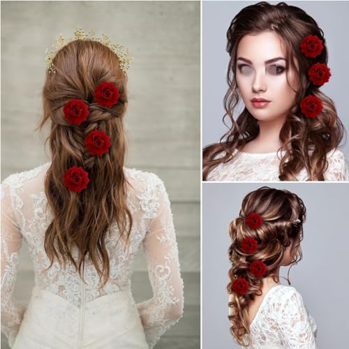 Rose Haarnadel Set - 6 Stück Damen Braut Haarschmuck mit Roten Rosen und U-Form Brosche