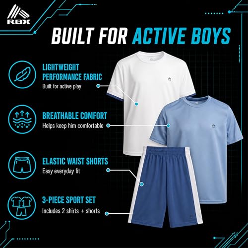Image of RBX Boys Short Sets - 3 Piece Active Performance Short Sleeve Athletic Shirts and Gym Shorts With Elastic Waistband (4-12)