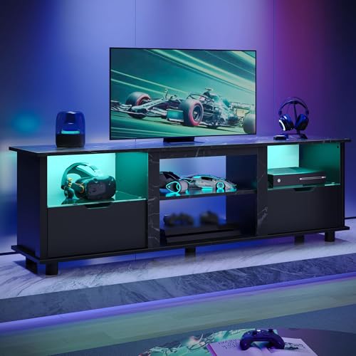 Bestier 70' Gaming Entertainment Center with Drawers, LED TV Stand for 75 Inch TV, TV Entertainment Stand for Living Room with Storage and Glass Shelves (Black Marble)