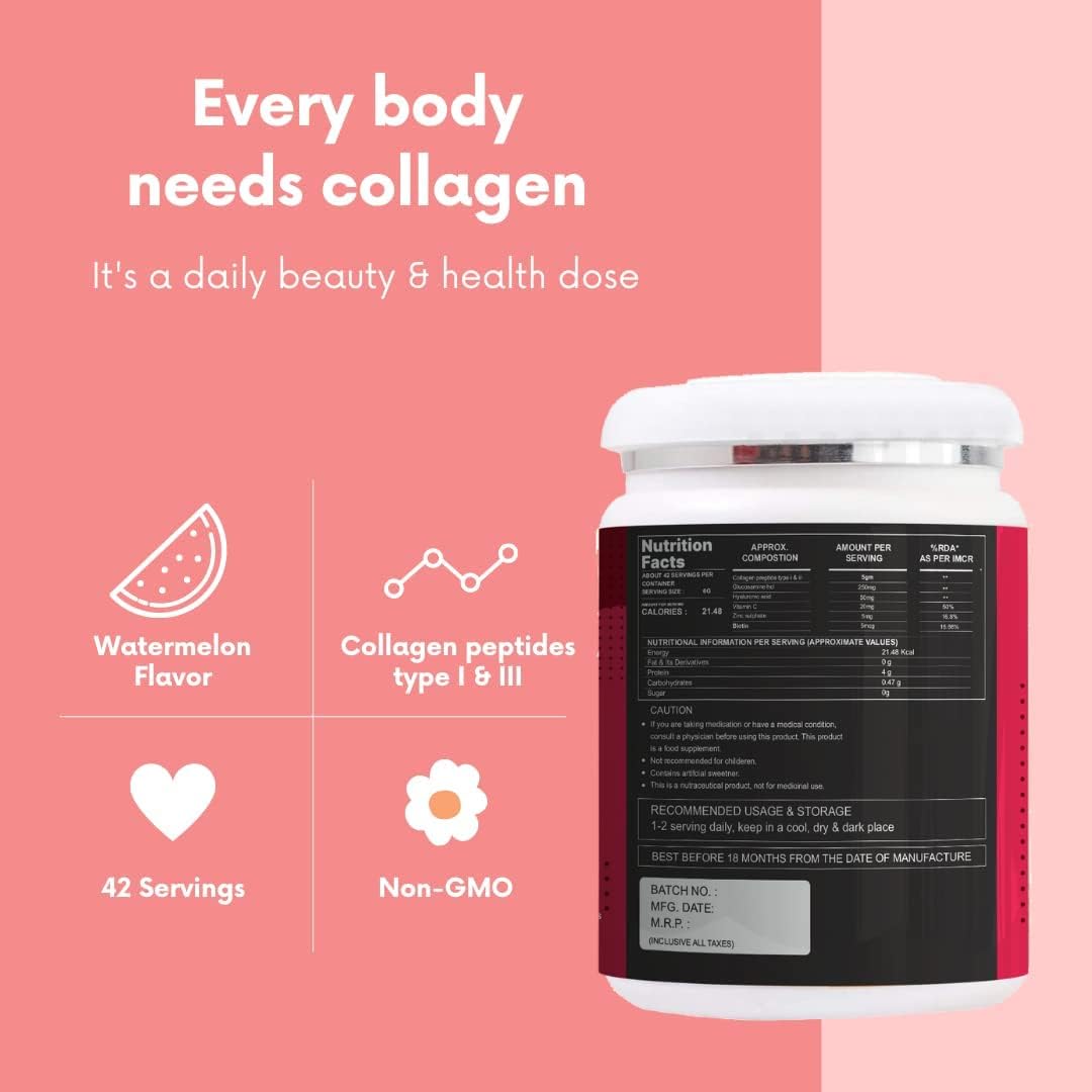 Verem Type I and III Marine Collagen with Hyaluronic Acid, Biotin & Vitamin C - 250gm Powder - No Smell - Easy to Mix - for Skin, Hair & Nails (Watermelon)