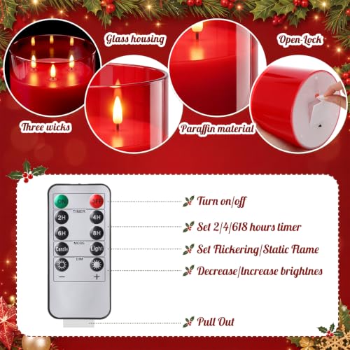 Image of Retisee 6'' x 6'' Extra Large Flameless Candles, 3 Wick Glass Large Fall Candles with Remote Control and Timer Function, Real Wax LED Pillar Flickering for Autumn Party Decor(Classic,Red,1 Pcs)