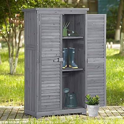 5.25ft Hx2.85ft L Outdoor Wooden Storage Sheds, Polibi Fir Wood Tool Organizer, Patio Storage Cabinet with Double Lockable Doors, 3-Tier Shelves and Waterproof Asphalt Roof for Garden Backyard