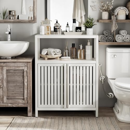 Bamboo Storage Cabinet Bathroom Floor Cabinet Side Storage Organizer Cabinet with 2 Louvered Doors & Open Shelf Freestanding Console Table Entryway Bathroom Furniture, White