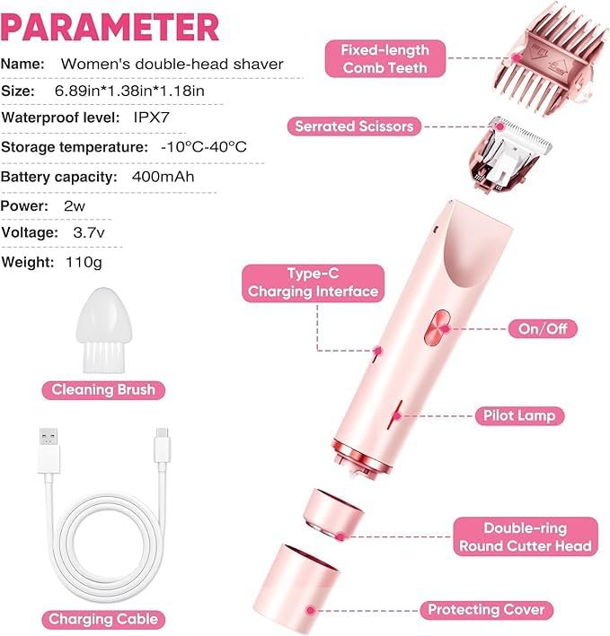 Shavea Rasoio Elettrico Donna 2 in 1, Doppia Testina per Corpo e Bikini | Rasoio elettrico donna ricaricabile 2in1: doppia testina per rifinitore bikini e corpo. Wet & Dry, lame inox zone sensibili.