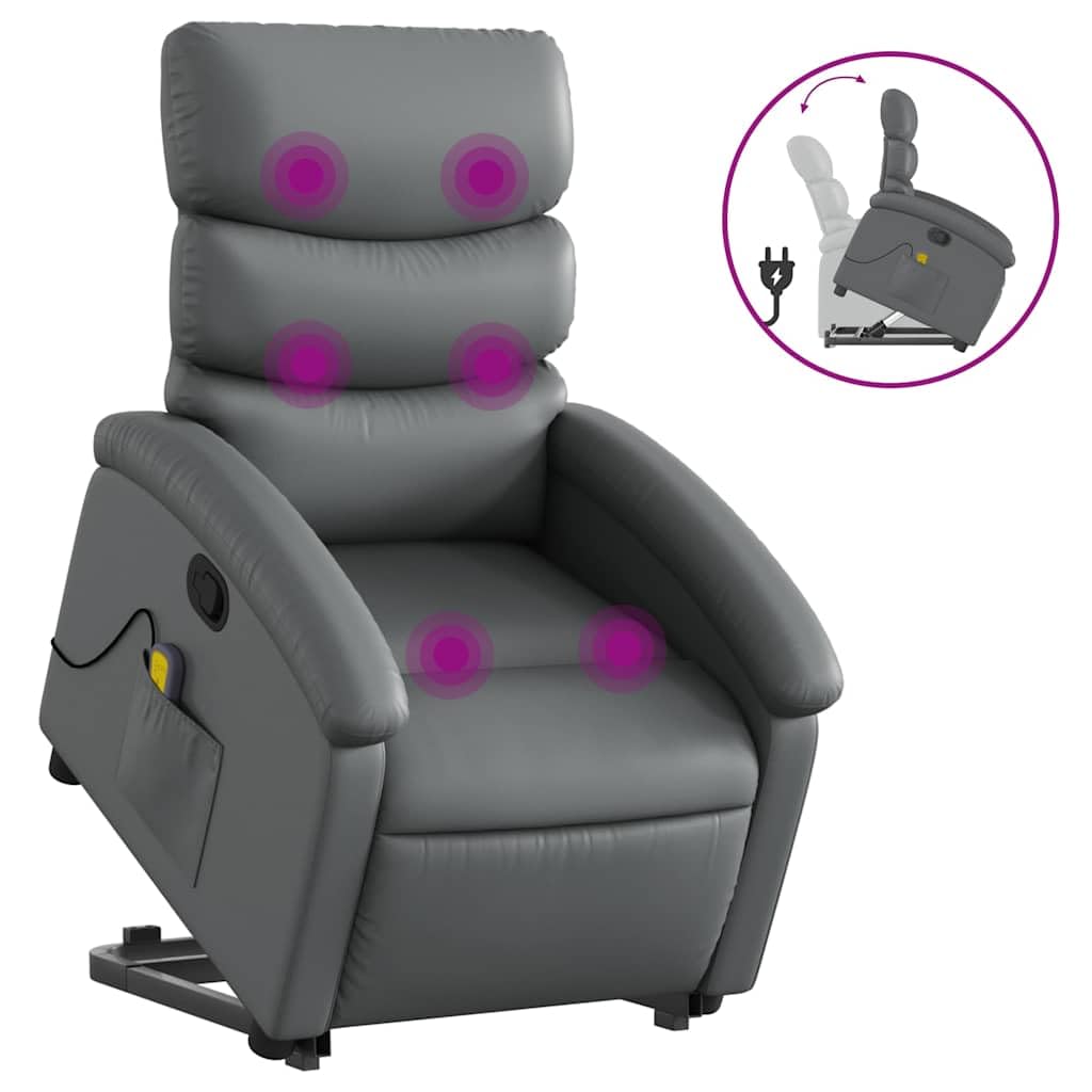 Sillón elevador reclinable con masaje de 6 puntos, color gris, piel sintética, función elevación eléctrica y vibración, estructura estable de madera y metal, bolsillo lateral