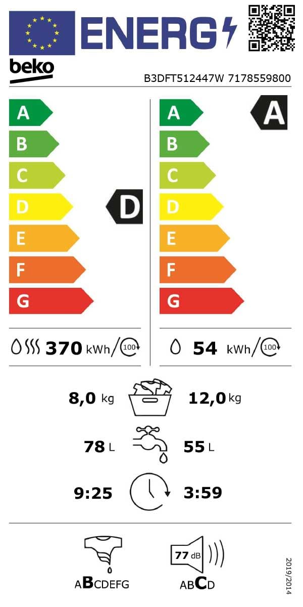 Beko B3DFT512447W freistehender Waschtrockner 12 kg Waschen 8 kg Trocknen 1400 U/min SteamCure AddXtra Hygiene Therapy ProSmart Inverter Motor Weiß