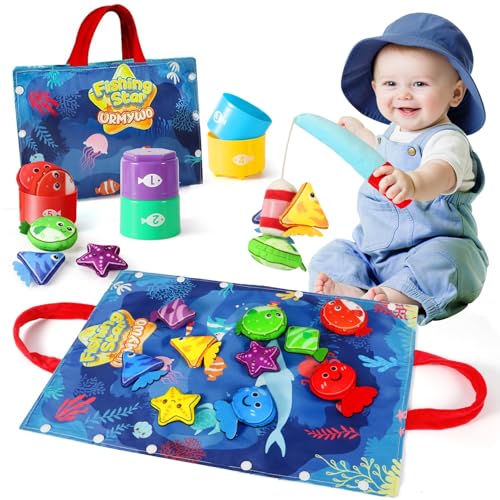 Montessori Toys for 1 Year Old Boy Girl Birthday Gift 17 in 1 Cloth Fishing Game with Stacking Cups Color Sorting Shape Matching Early Learning Toddler Toys Gifts for 1 2 Years Old Boy Girl