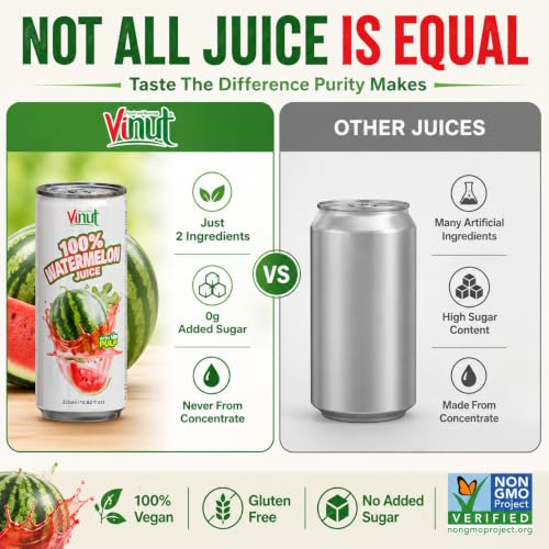 Image of VINUT 100% Watermelon Juice with Pulp, Hydrating Electrolyte Drink, No Added Sugar, Not From Concentrate, Gluten Free & Non-GMO Drink, 100% Vegan /Plant-Based, 10.82 fl oz Cans (Pack of 24)